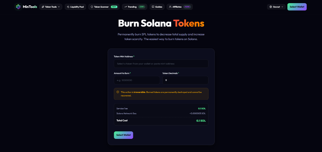 MinTools Burn Solana Tokens — Main Form