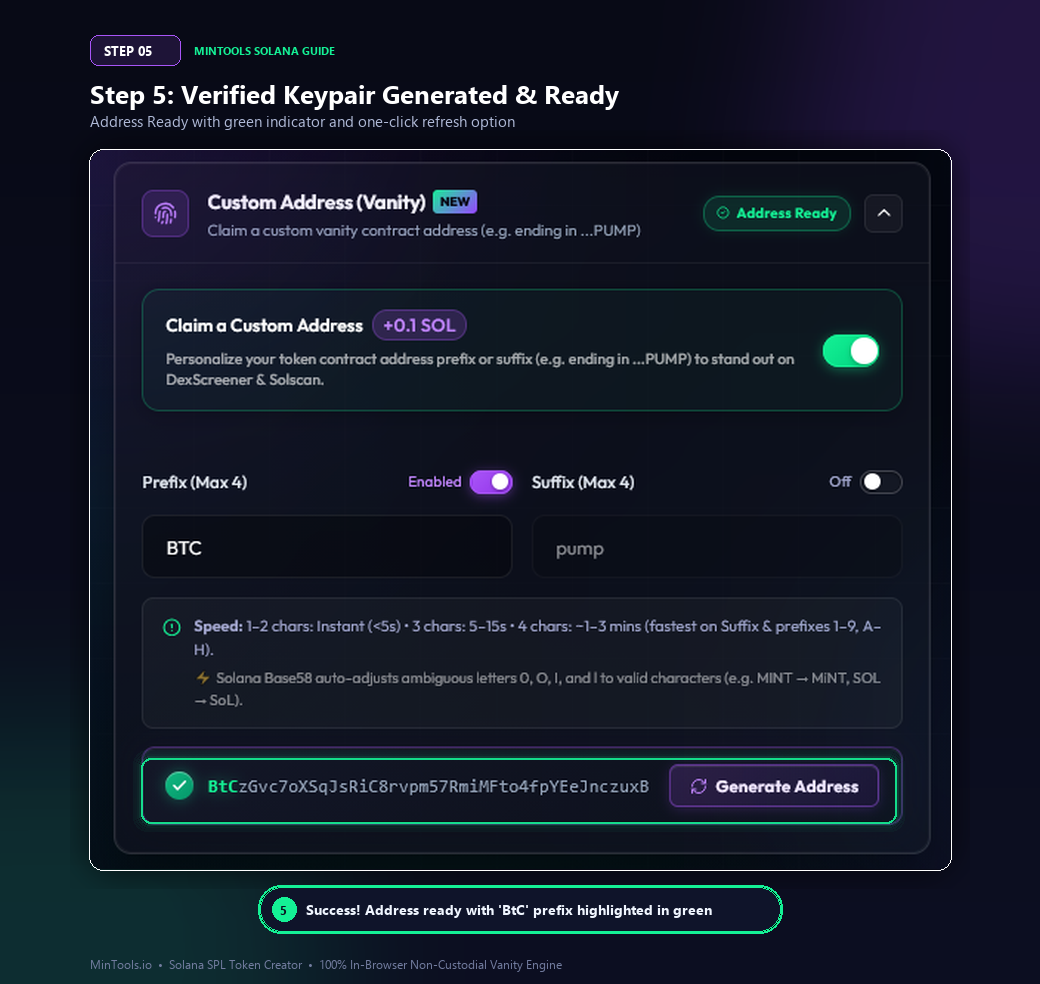 Verified Solana Vanity Address Ready with Green Indicator